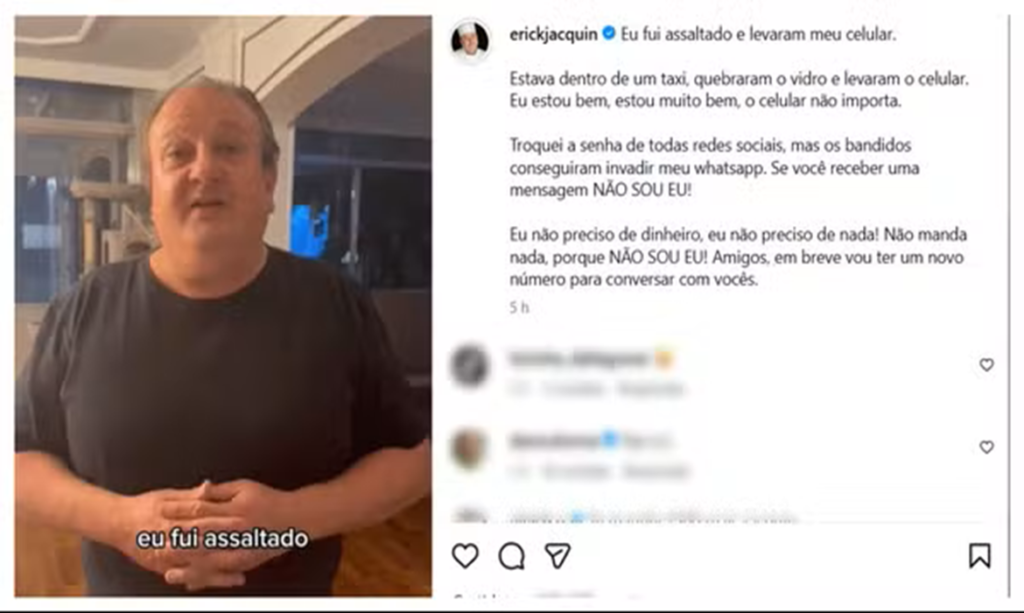 Chef Erick Jacquin tem celular roubado por “gangue do quebra-vidro” dentro de táxi: “Isso faz parte do Brasil”